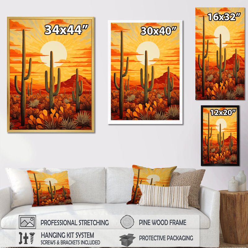Cactus Sunset Shadows - Cactus, impressions sur toile, Cadre simple argenté, H 40 po x l 30 po x P 1,5 po