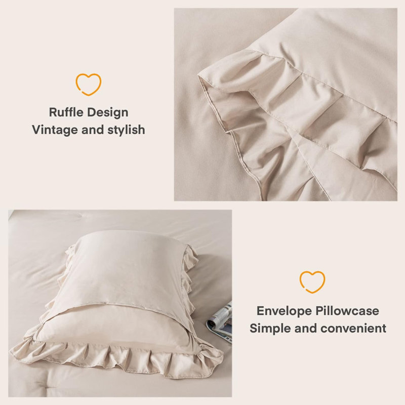 Khaki Full Size Comforter Set, 3 Pieces Farmhouse Shabby Chic Ruffle Bedding Comforter & Sets, All Season Soft Lightweight Microfiber Bed Set For Girls Kids Men Women