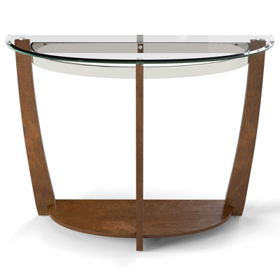 2-tier Modern Half Moon Sofa Table w/Clear Glass Top & Open Shelffor Living Room Walnut