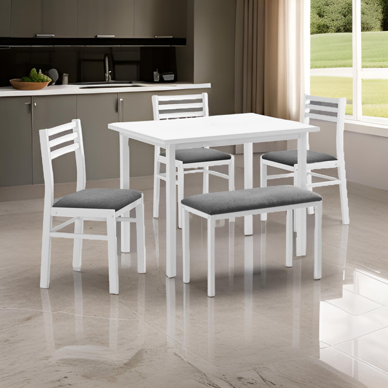 Reha 5 Piece Dining Set, Rectangular Table, 3 Chairs, Bench, White, White, Dark Gray