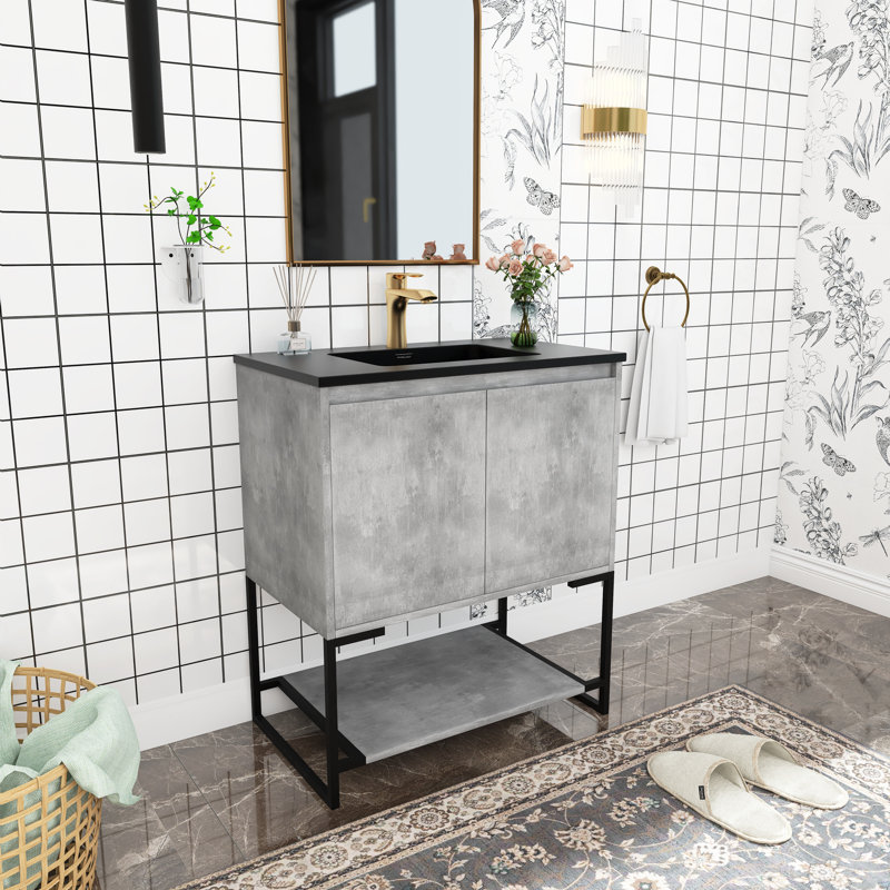 Meuble-lavabo simple 30 po avec surface solide Rockney, Gris ciment