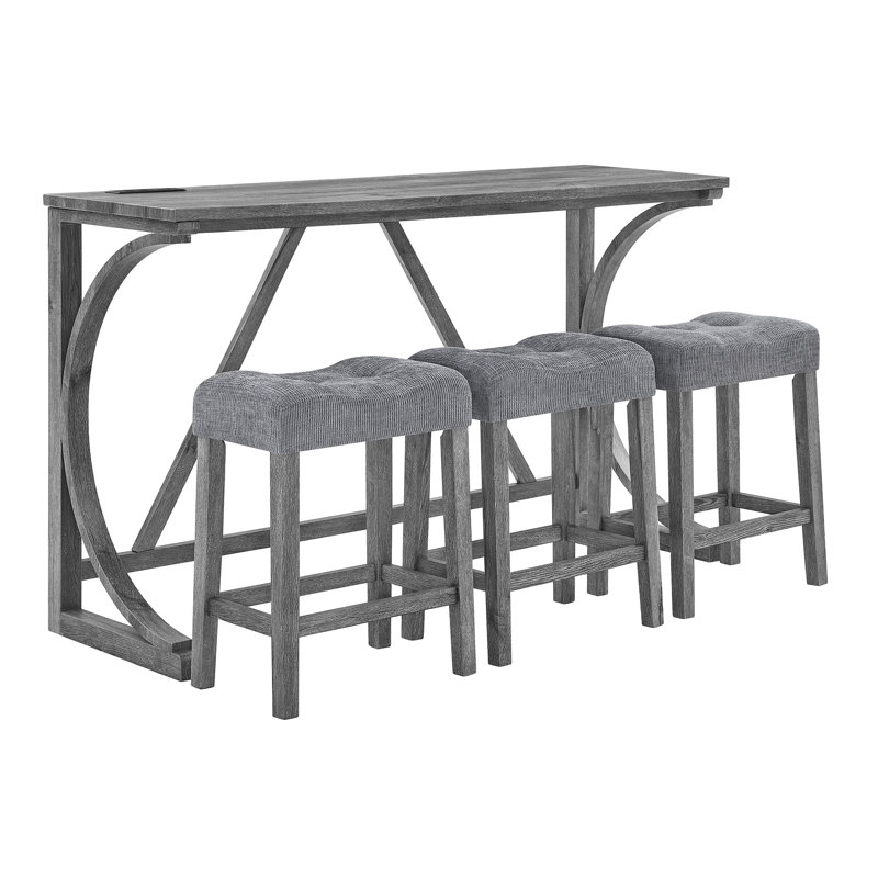 Table de bar et chaise de 59 pouces avec prises de courant alternatif, 3 chaises rembourrées en lin, pour le salon - Stable, facile à nettoyer, salle à manger avec charge intégrée de 59 po, structure Scratch 4 pièces