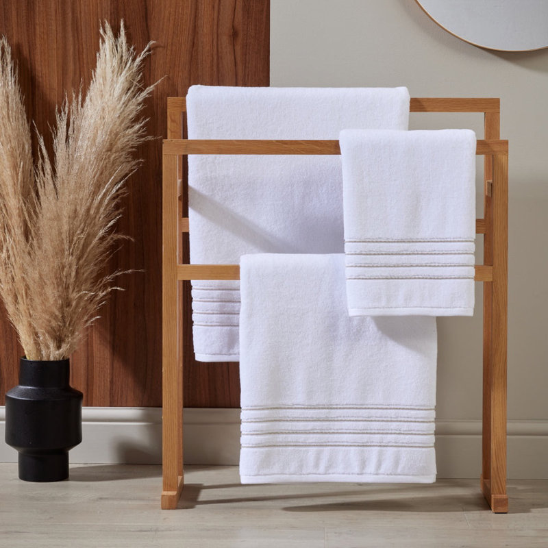 100% Cotton Four Row Cord Embroidered Bath Towel, White/Grey