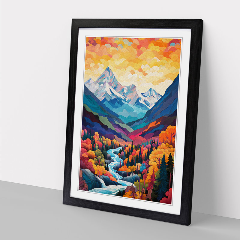 Japanese Mountains Orphism No.2 - Single Picture Frame Print on Wood, 46cm H x 34cm W x 2cm D, Black Framed