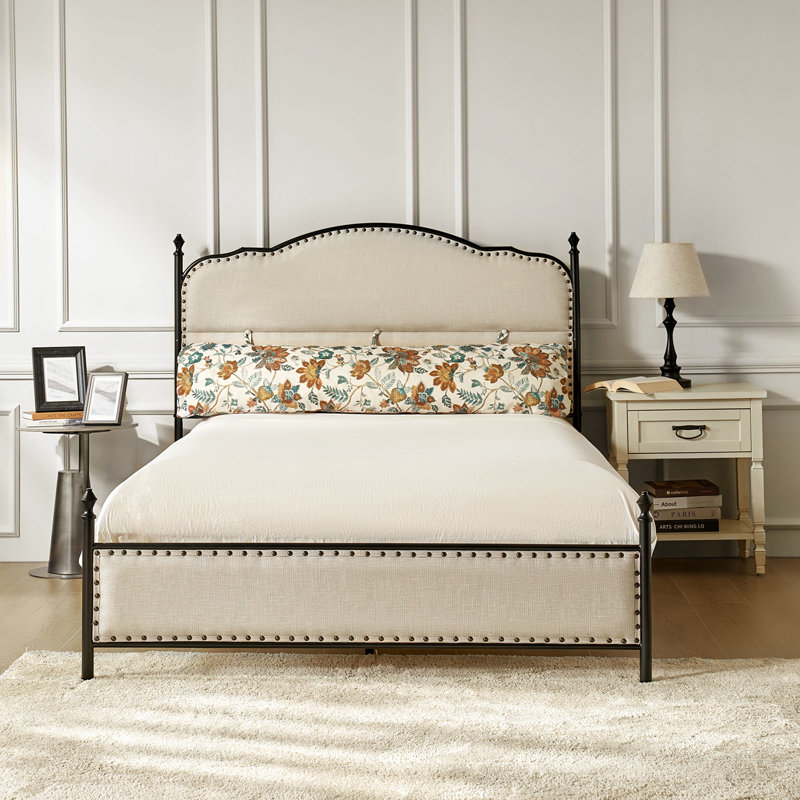 Alaja Upholstered Platform Metal Four Poster Bed with Bolster Pillow, Orange