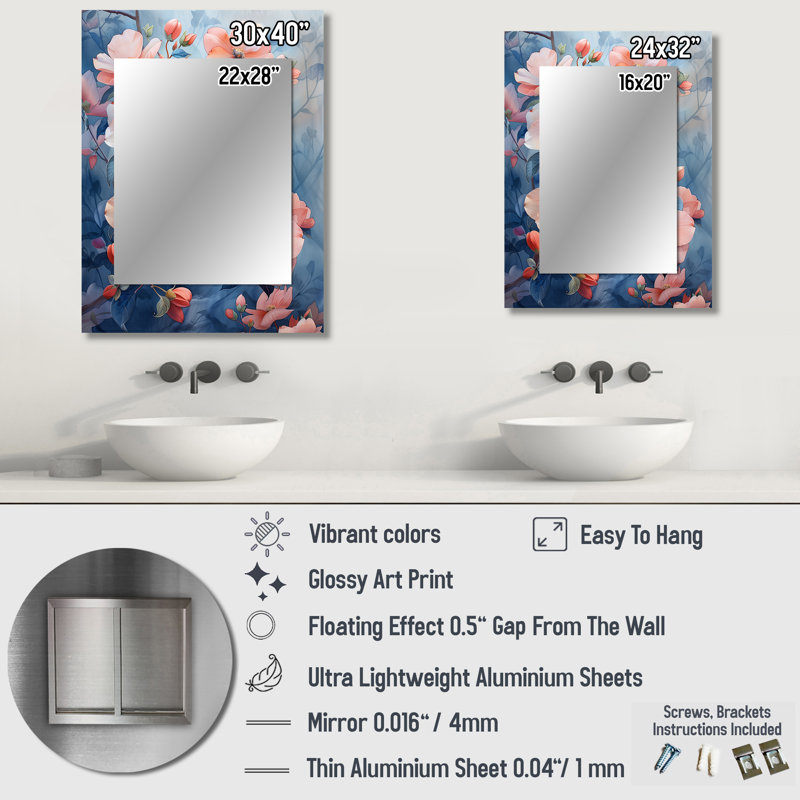 Pink Blue Garden Of Dreams Dogwood II - Dogwood Unique Mirror, Traditional Large Wall Mirror, Printed Metal Art, 40" x 30"