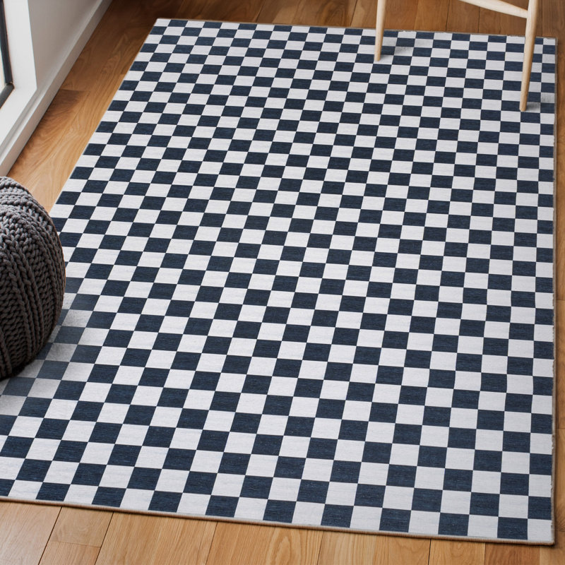 Mariquilla Modern Cottage Checkerboard Washable Dark Blue/White Rug, Rectangle 8'10" x 12'