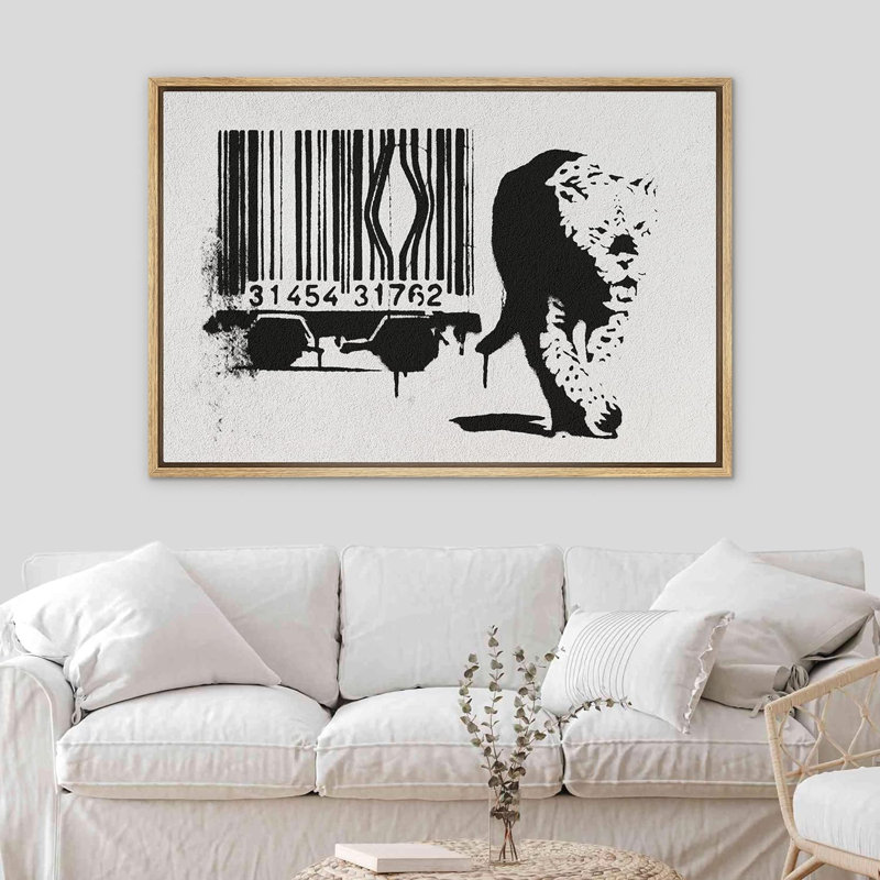 Banksy, code à barres et léopard, Cadre flottant naturel, H 24 po x l 36 po x P 1,5 po