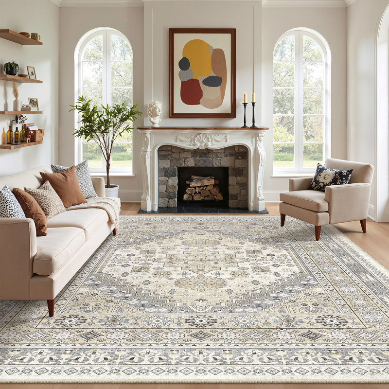 Malaika Machine-Washable Non-Slip Medallion Area Rug, Rectangle 6' x 9', Gray/Beige