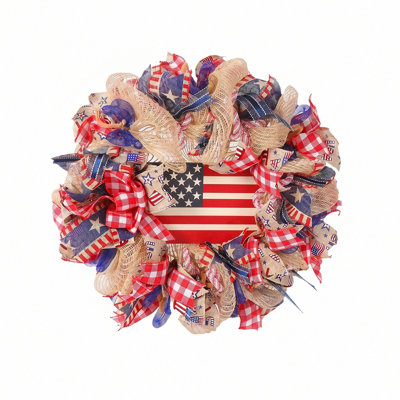 17.7" Patriotic Deco Mesh Wreath with American Flag/Star Sign for 4th of July