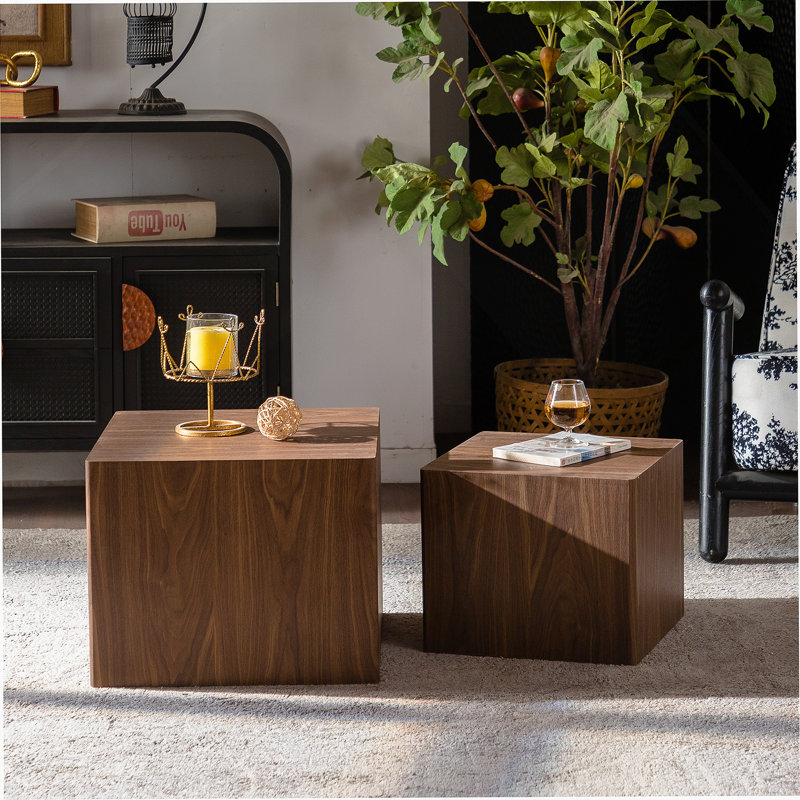 Table basse en MDF imitation bois imitation grain de bois, table d'appoint cubique, ensemble pour chambre à coucher pour petit espace, ensemble de 2, entièrement assemblé, noyer