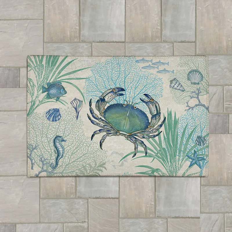 Tapis intérieur / extérieur rectangulaire en crabe bleu avec envers antidérapant, Rectangle 5 pi x 7 pi