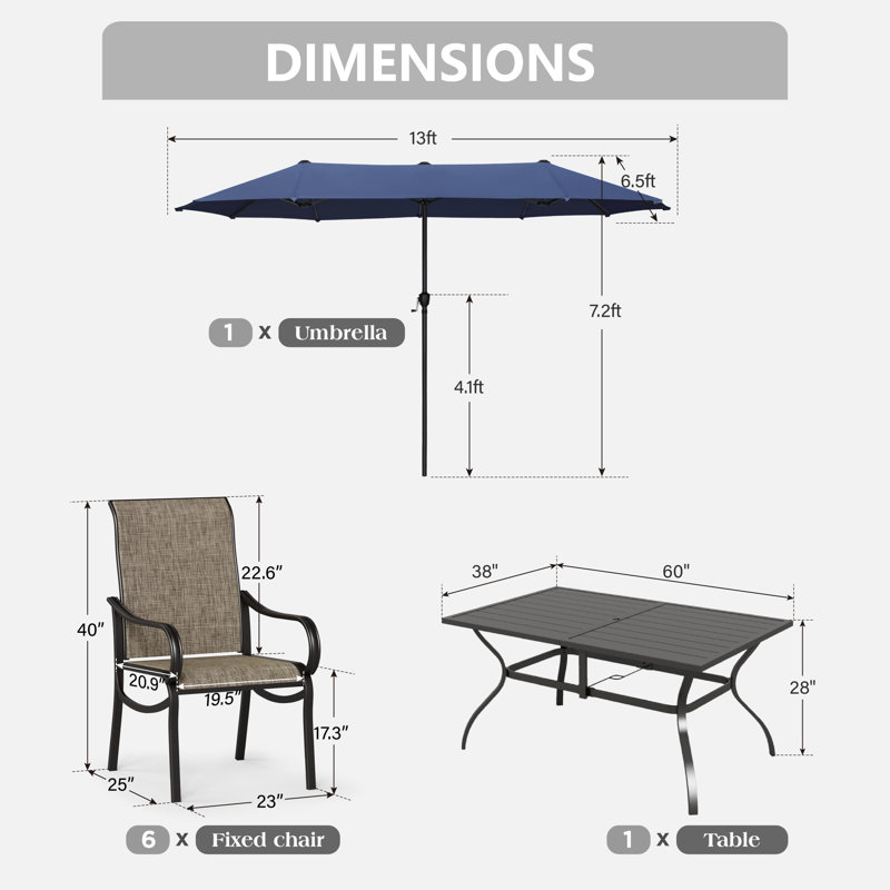 6-person Patio Dining Set With Umbrella, 8 Pcs: Table, 6 Chairs, Umbrella, Navy