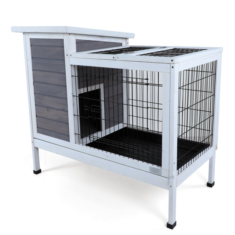 Petit animal en bois gris avec - Spacieux, facile d'entretien, plusieurs entrées, filet en métal pour animaux et créatures, plateau de fuite,