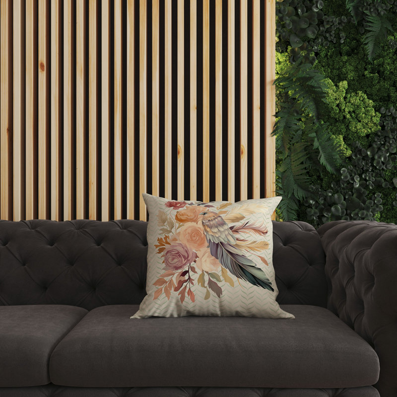 Feathered Bouquet Floral Outdoor Reversible Throw Pillow, 26"H x 26"W, Green/Beige Floral, Broadcloth