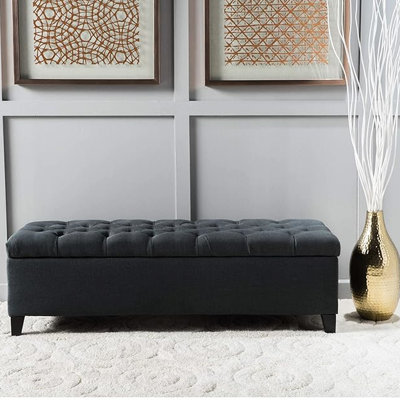 Ornement en bois de bouleau de 51 po x 17,5 po x 17 po gris foncé avec boutons et piqûres de losanges, siège de rangement polyvalent en tissu
