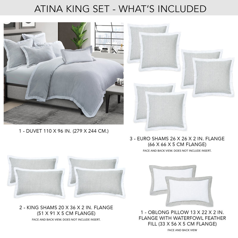 Atina Linen Duvet Set - Gray, King Duvet Cover + 5 Shams + 1 Pillow