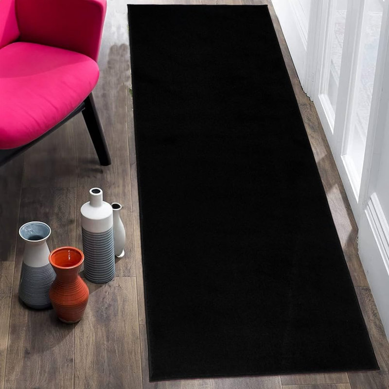 Customizable Size Solid Black Color Carpet Plush Medium Pile Slip Resistant, Runner 2'2" x 15'