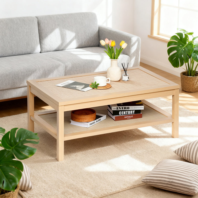 Table basse à 2 niveaux pour le salon, table de centre rectangulaire en bois avec tablette de rangement en rotin, style bohème