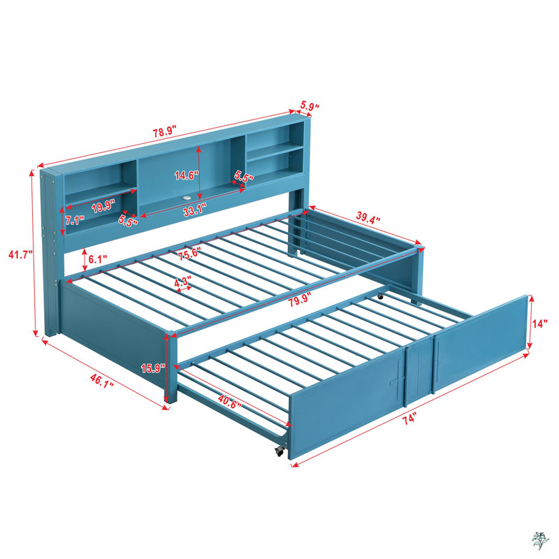 Metal Twin Size Daybed With Twin Size Trundle, Storage Shelves And USB Ports