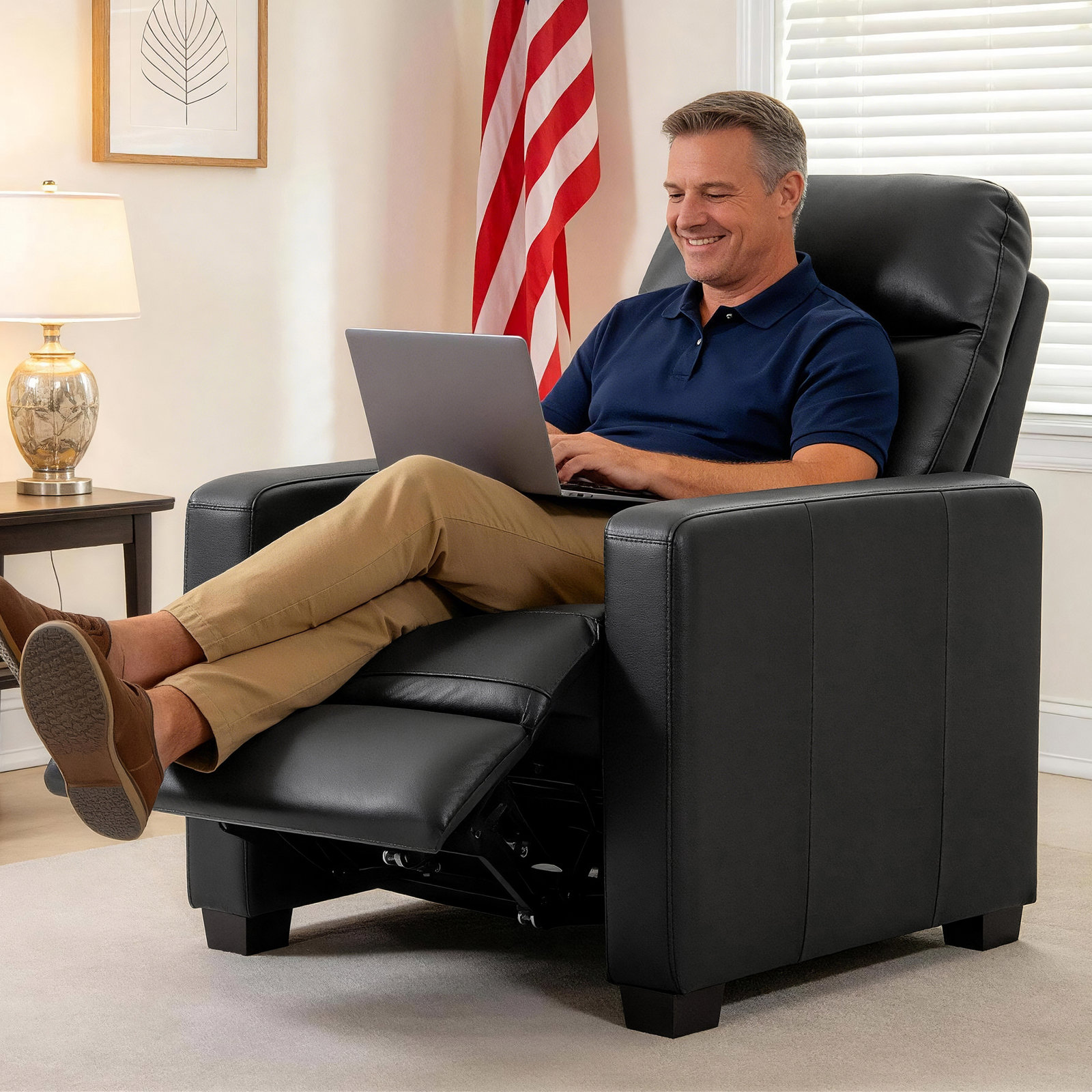 Modern Square Arm, Upholstered Base Power Recliner, Black