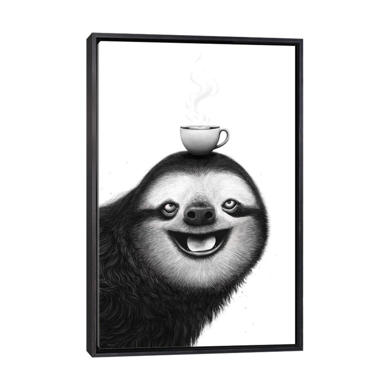 Paresseux avec cappuccino - reproduction d'art murale - toile encadrée, 48" x 32", Toile avec cadre, Noir patiné