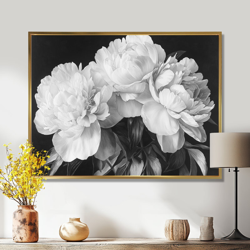 Pivoines en blanc et noir - impression sur toile encadrée de pivoines, H 30 po x l 40 po, Picture Framed, Doré