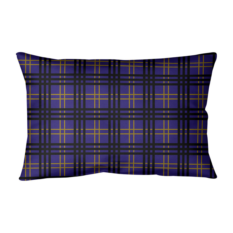 Plaid Reversible Throw Pillow, Purple/Metallic Gold/Black, Linen