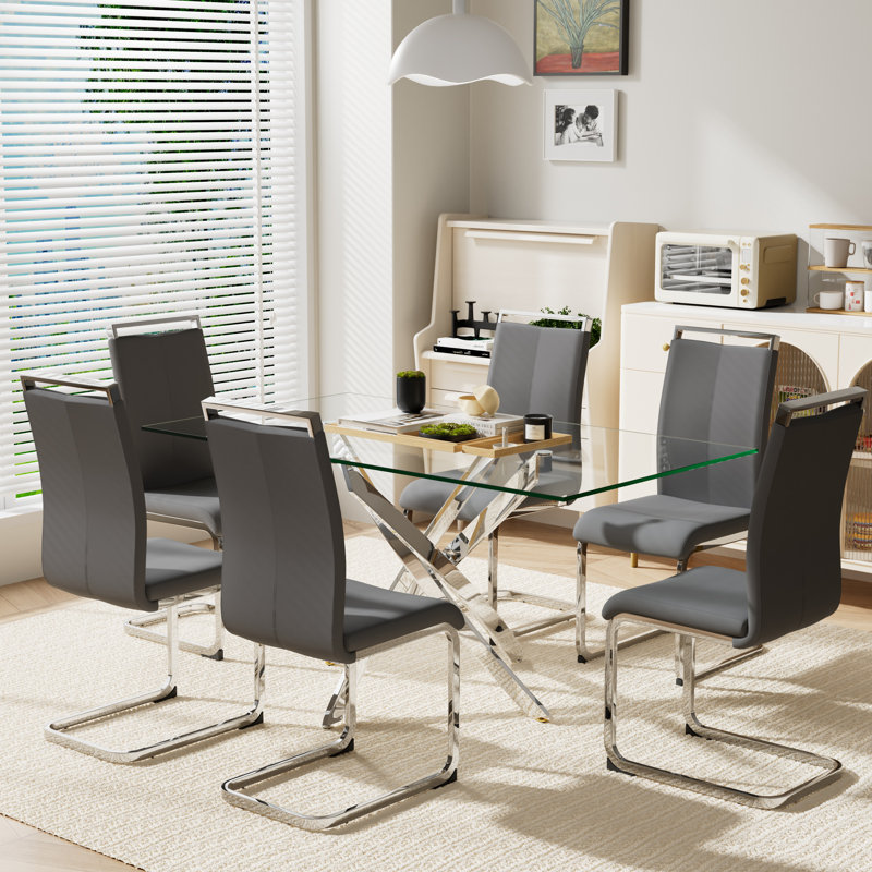 7 PCS,63" Rectangular Tempered Glass Table with 6 PU Leathe Upholstered Chairs, Dark Gray/Silver, Silver