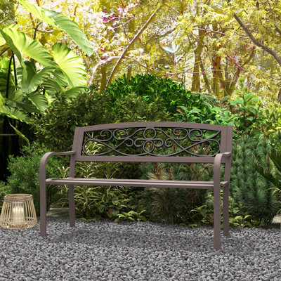 50" Outdoor Bench, Metal Garden Bench With Floral Pattern Backrest, Porch Bench With Slatted Seat For Park, Yard, Lawn, Brown by Charlton Home