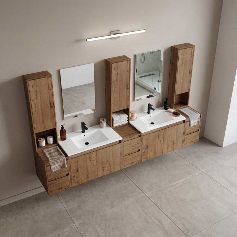 Meuble-lavabo double flottant 96 po avec armoire supérieure, lavabo en céramique et conception sans poignée 96 po, 96"