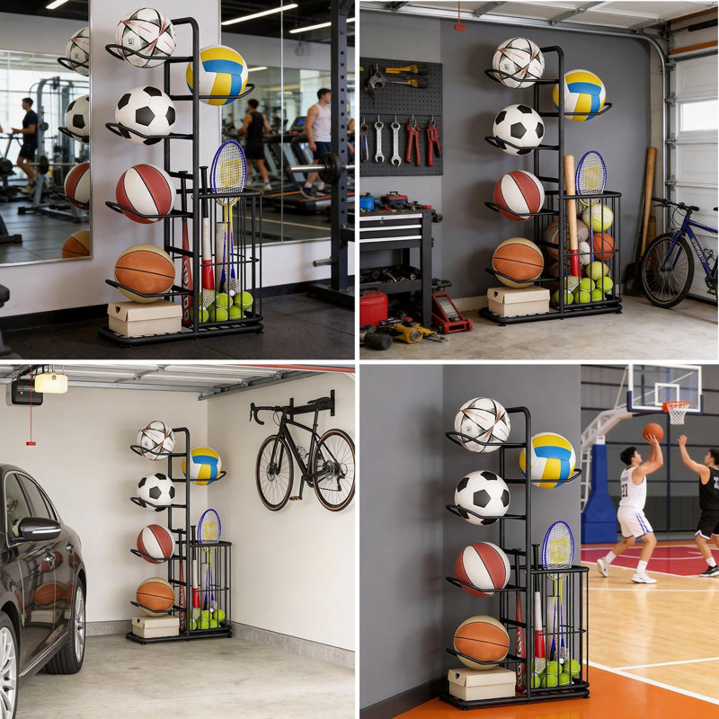 Ball Storage Rack, Football Stand, Sports Equipment Storage For Garage, Basketball Organizer Rack With Basket, Toy/Sports Gear Storage Indoor
