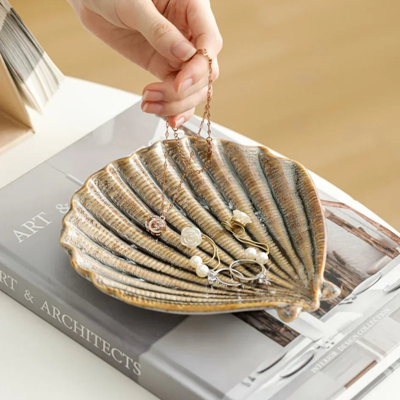 Jewelry Tray - Dual-Color Ceramic Starfish, Brown, Scallops