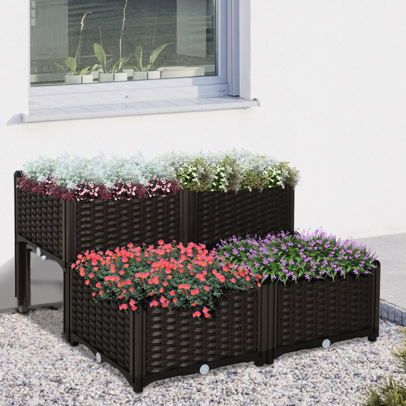 Lit de plantation surélevé brun avec pieds et jardin, boîte à fleurs en plastique 4 pièces pour herbes, légumes, fleurs, herbes et lueur