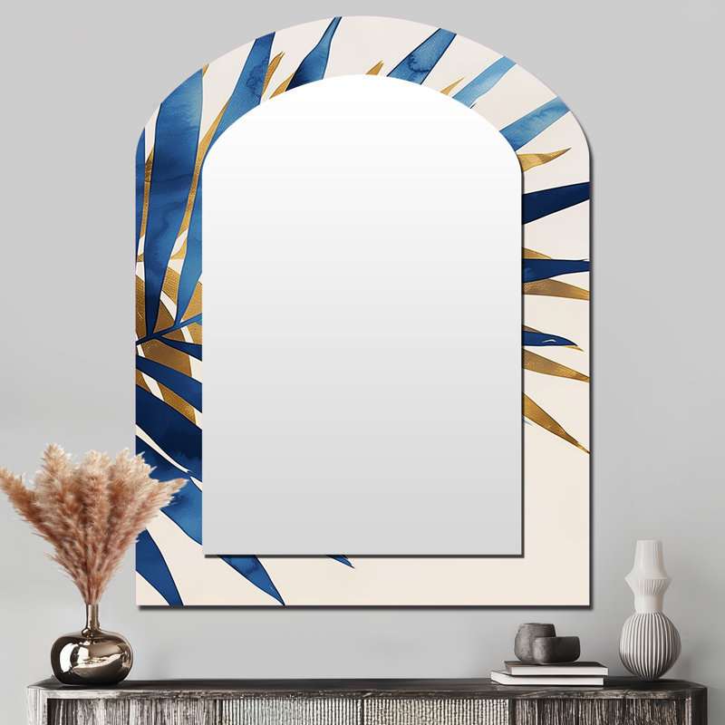 Miroir mural bleu et doré feuilles de palmier II - arche bleue, 43 po x 33 po