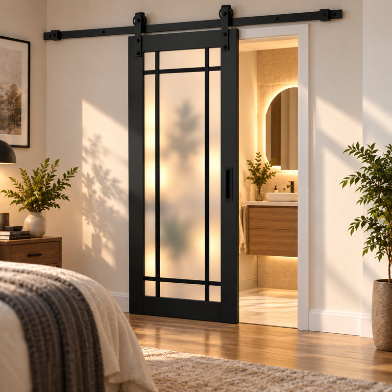 Porte de grange robuste en verre trempé dépoli Planum 2112 Noir mat, rail noir de 2 m (6,6 pi), quincaillerie robuste, portes intérieures modernes à panneaux pleins - 91,4 cm x 243,8 cm (36 po x 96 po) - Rail noir
