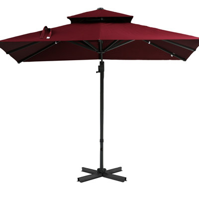 10Ft Red Offset Patio Umbrella - Hanging Cantilever, 360 Degree Rotation, Tilt, Square Shape, Aluminum Base For Lawn Cantilever Square, Cooking Festival