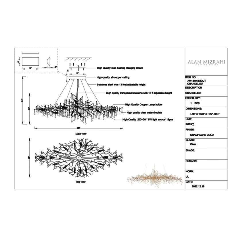 Light Bijout  Branches Chandelier, Antique Gold, Frosted, 30” Length x 18" Wide x 24" Height