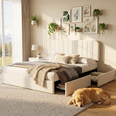 Full Size Bed Frame with 4 Drawers, Upholstered Velvet Platform Bed with Height Adjustable Headboard, Wooden Slats Support, No Box Spring Needed, Easy Assembly, Beige