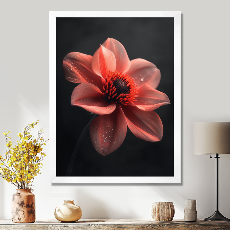 «Pink on Black Dahlia Vibes I», reproduction d'art murale Dahlia, Cadre simple blanc, H 44 po x l 34 po x P 1,5 po