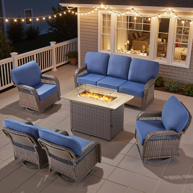 6-Piece Wicker Patio Furniture Set With 41'' Fire Pit Table, High Back Outdoor Furniture With Swivel Chairs, All-Weather Wicker Patio Conversation Set For Deck Yard Pool