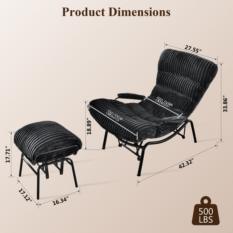 Brevick Upholstered Accent Chair with Ottoman, Black Corduroy