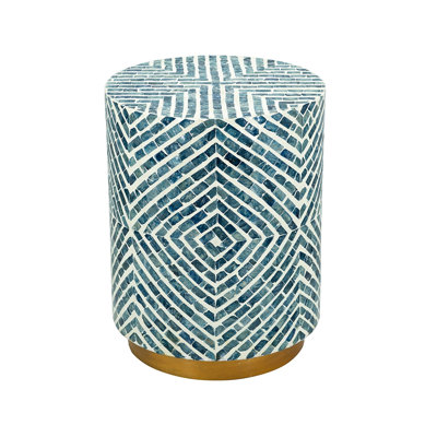 11 - Pound Round Accent Stool With Blue And White Inlay, Gold Base, Can Be Used In Entryway Embellished 14x14x18" Stool, Pedestal