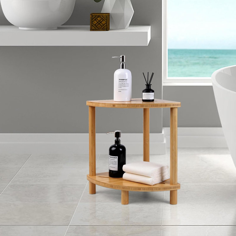 Tabouret de douche d'angle à 2 niveaux en bambou avec tablette de rangement, banc de repose-pieds de douche imperméable pour les pieds de rasage, siège et organisateur de salle de bain, conception peu encombrante