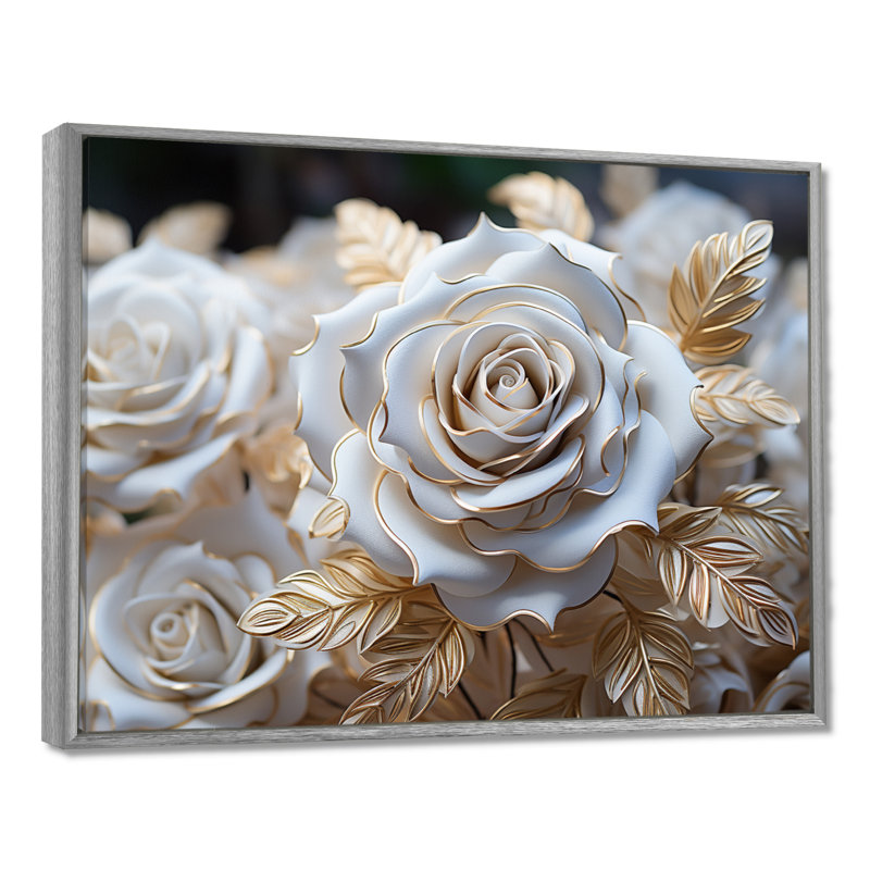 «White and Gold Rose Passion - Roses», reproduction sur toile encadrée, H 16 po x l 32 po x P 1 po, Silver Floater Framed