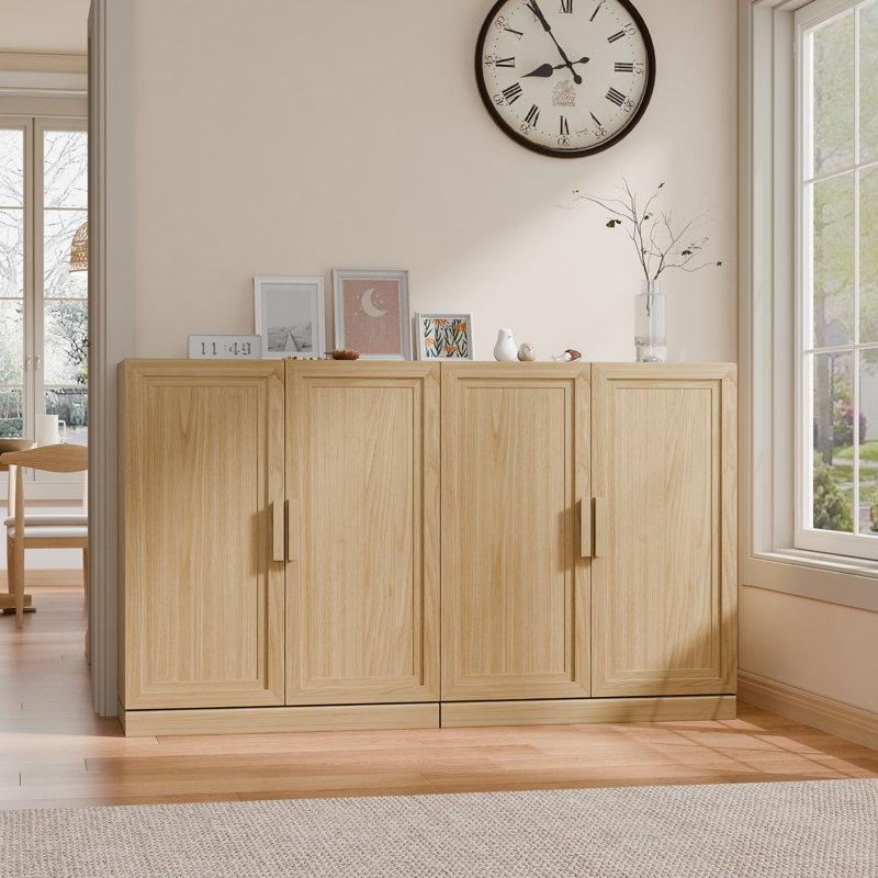 Modern 62" 4-Door Sideboard Storage Cabinet with Adjustable Shelves, Natural Oak, 36" H x 62" W x 16" D
