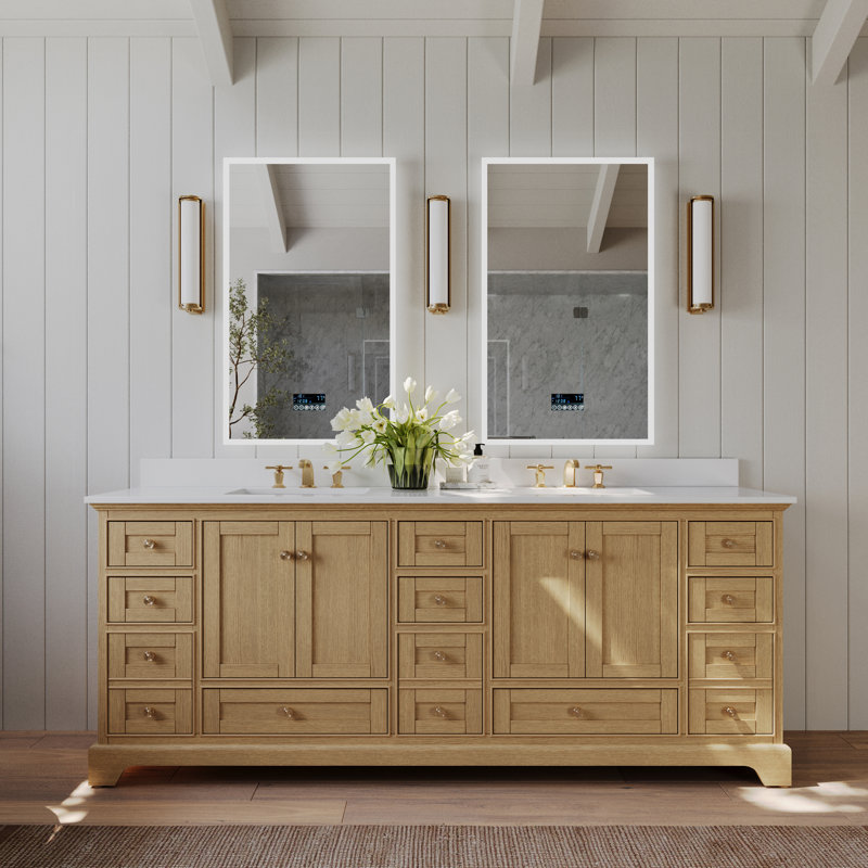 Meuble-lavabo double autoportant Brimfield, Or rose, Chêne