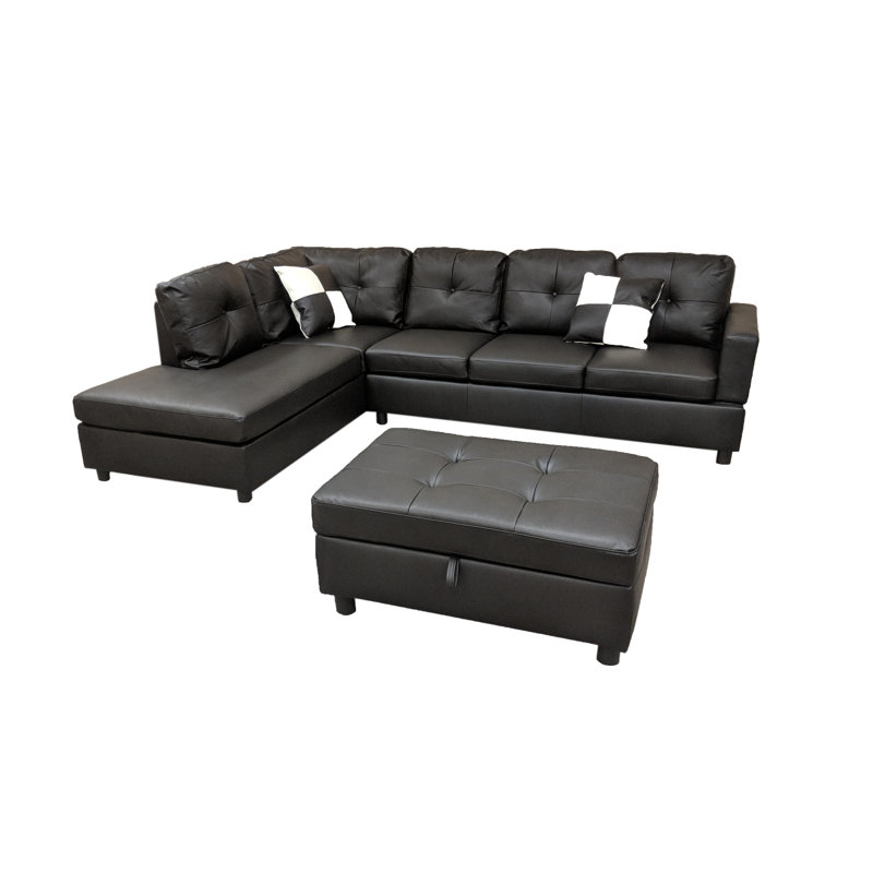 Faux Leather L-Shaped Sectional, Left Hand Facing, Black Faux Leather