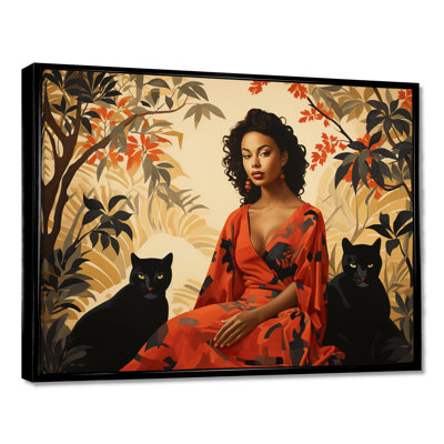 Two Black Panthers Woman In Red Dress - Panther Animal Wall Art Decor