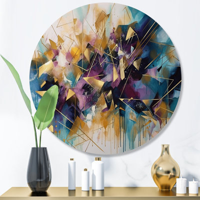 Golden Explosion Triangles II - Abstract Geometric Round Wall Art on Metal